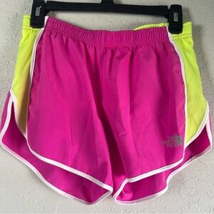 The North Face Women's Vibrant Pink and Neon Yellow Athletic Shorts Y2K -Small